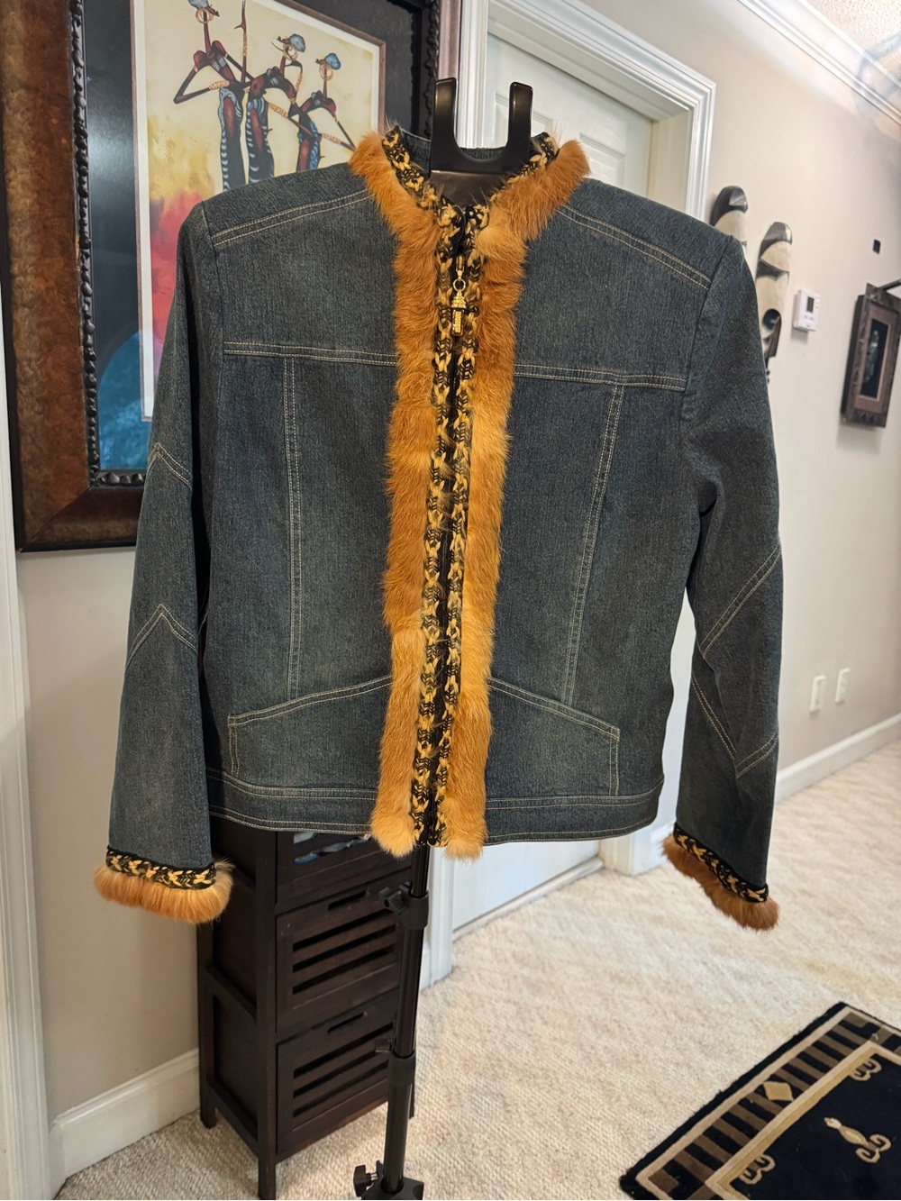 St. John Dark Denim Jacket and Jeans Golden Brown Fur Trim - Picture 2 of 4